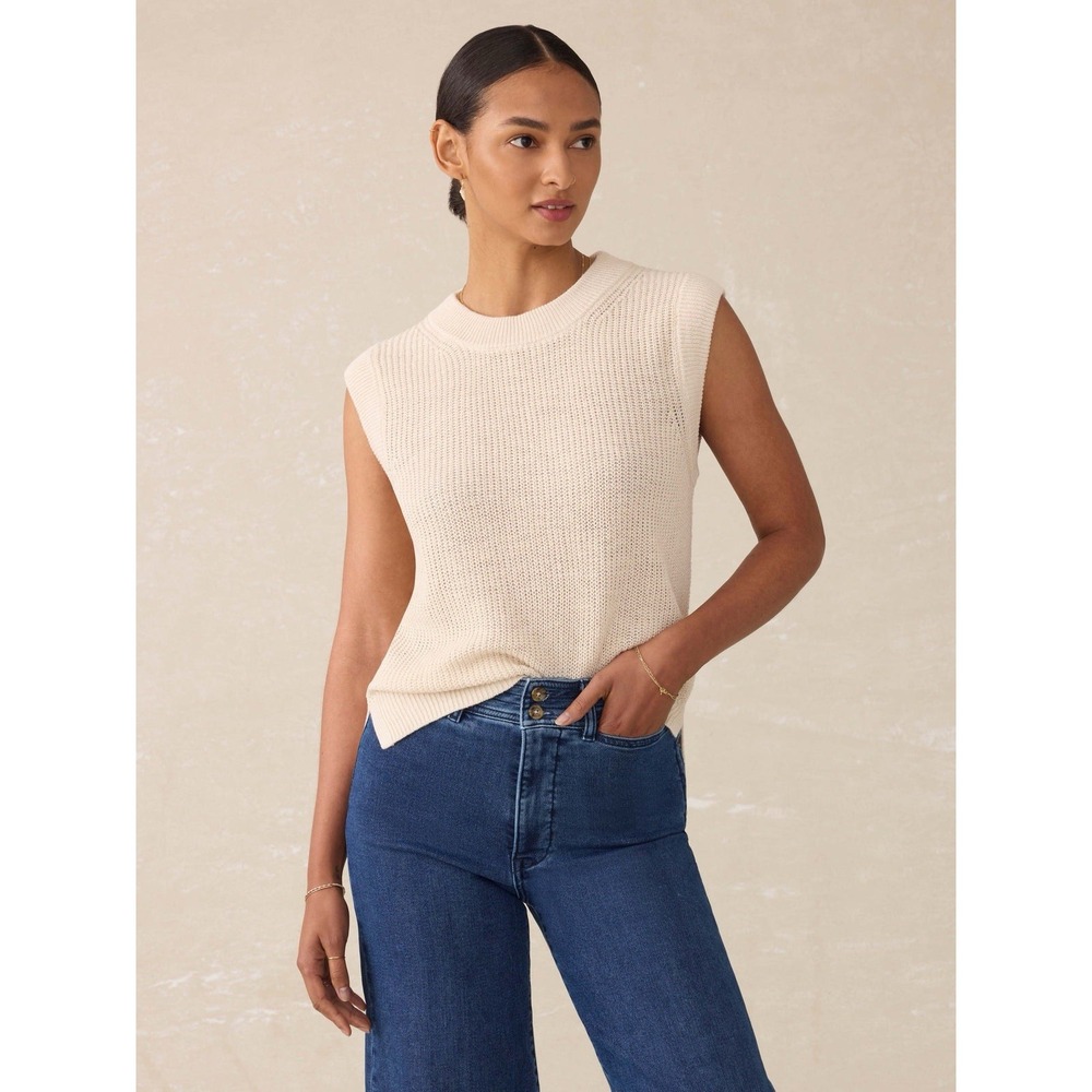 Faherty Miramar Vest Sweater Tank Women's Sz L  Linen Blend Cream Muscle Knit